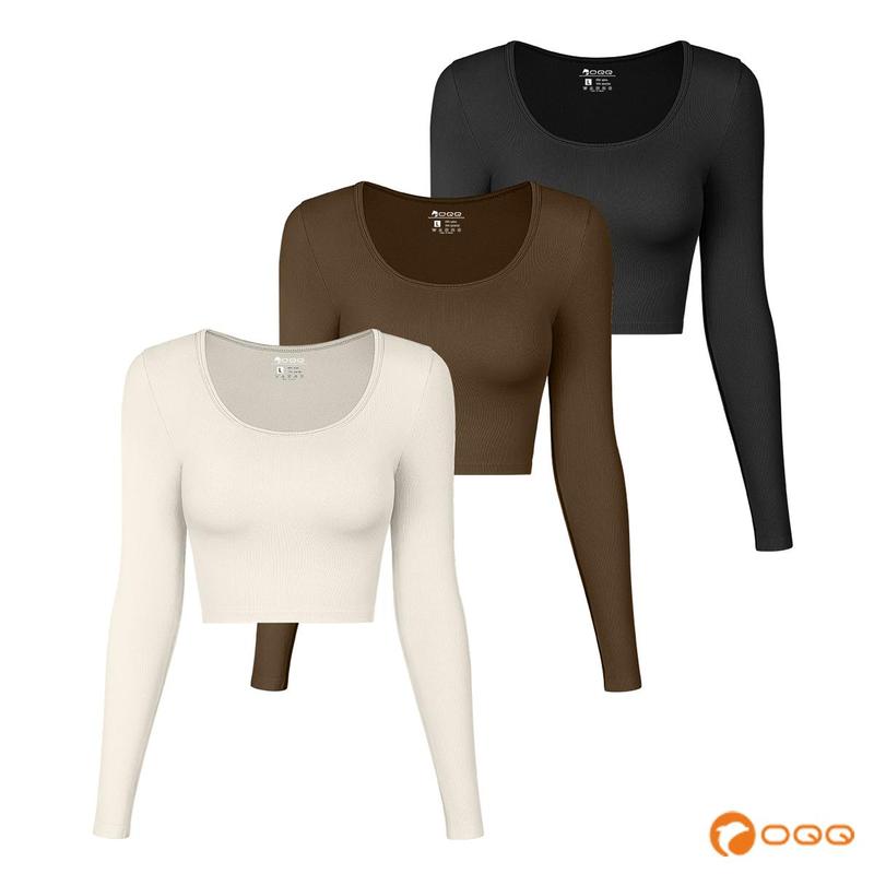 OQQ Women's 3 Piece Round Neck Tshirt Longsleeve Crop Tops Stretch Streetwear Basic Soft Comfortable Shirts Womenswear Underwear Lady Minimalist