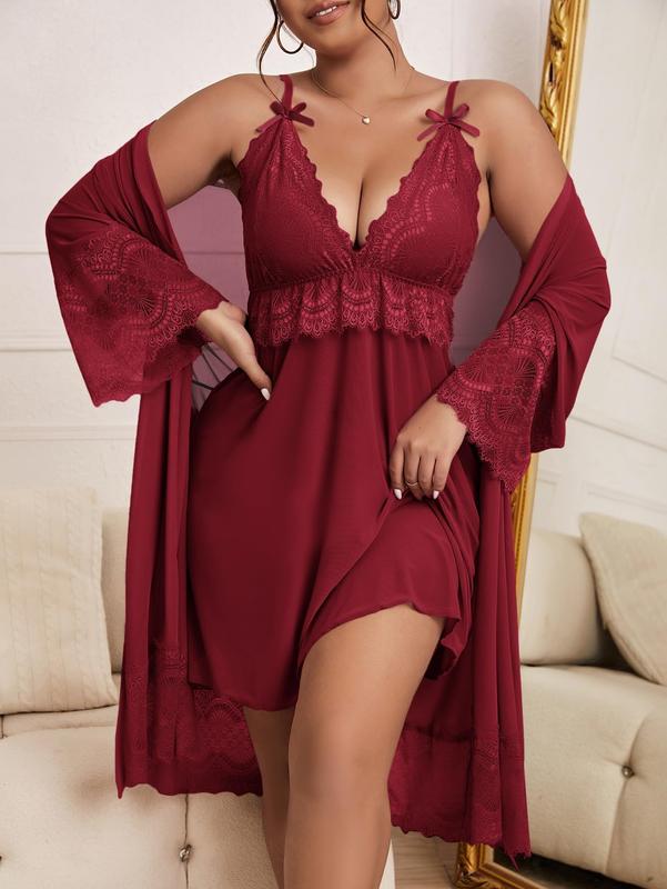 Lingerie Set for Plus Size Women Valentine's Day Gift Nightgown Lace Dress with Belted Robe 2 Piece sleep dress Womenswear