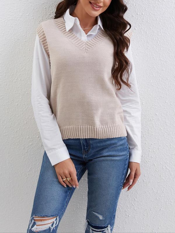 Women's Plain V Neck Sweater Vest, Casual Sleeveless Knit Top for Spring & Fall, Fashion Women's Knitwear for Daily Wear