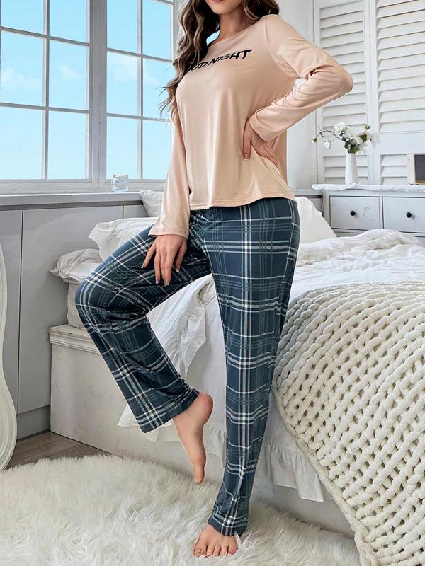 Two-Piece Set Women's Plaid Letter Print Tee & Pants Pyjama, Casual Comfy Round Neck Long Sleeve Top & Trousers PJ Set, Women's Sleepwear for Spring & Fall