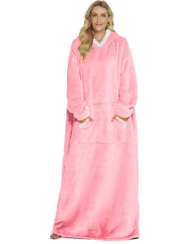 Women's Plus Size Plain Drop Shoulder Flannel Hooded Robe with Pockets, Casual Long Sleeve Wearable Blanket Loungewear for Women, Women's Bedroom Sleepwear for Fall & Winter, Fall Wear, Fallfreshness