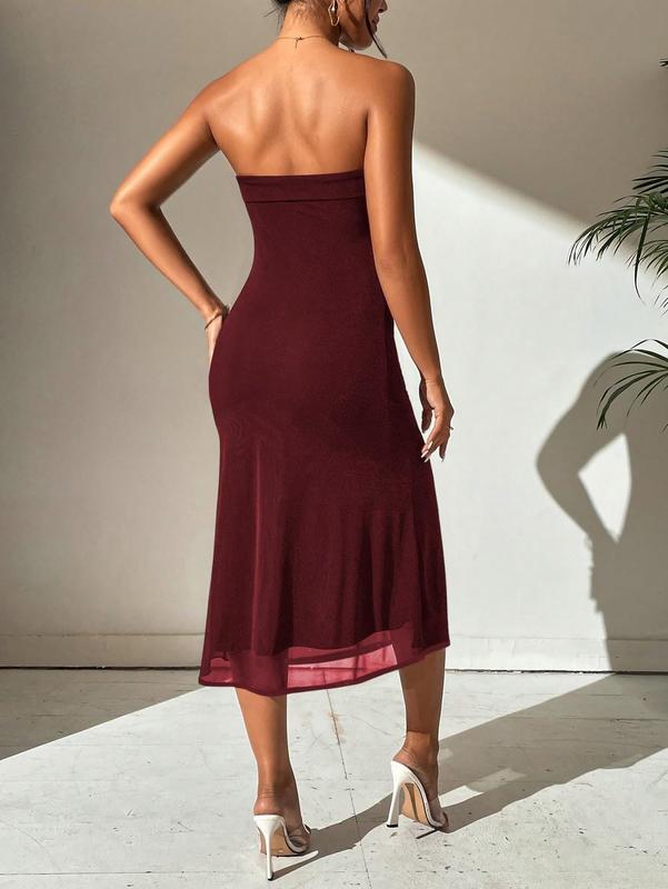 Strapless Midi Dress Tube Top Off Shoulder Sleeveless Fitted Cocktail Club Party Formal Long Dresses