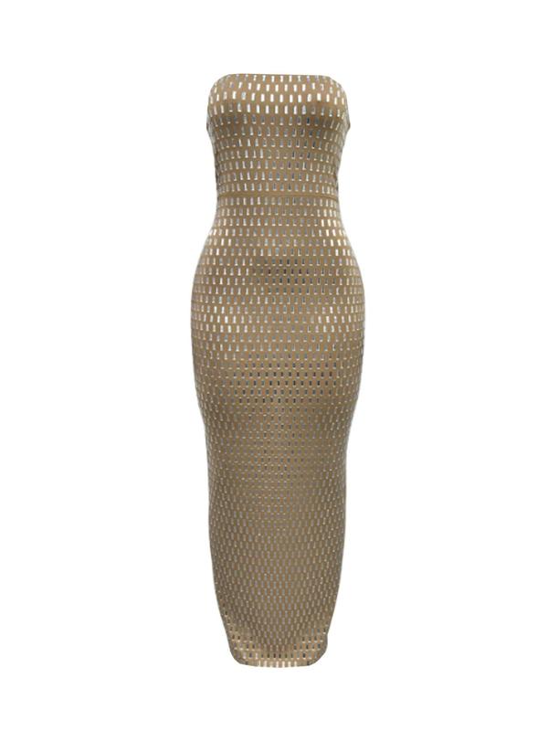 Women's Rhinestone Decor Split Thigh Bodycon Tube Dress, Elegant Zipper  Sleeveless Long Dress for Party Club Dating Wear, Ladies Clothes for All Seasons