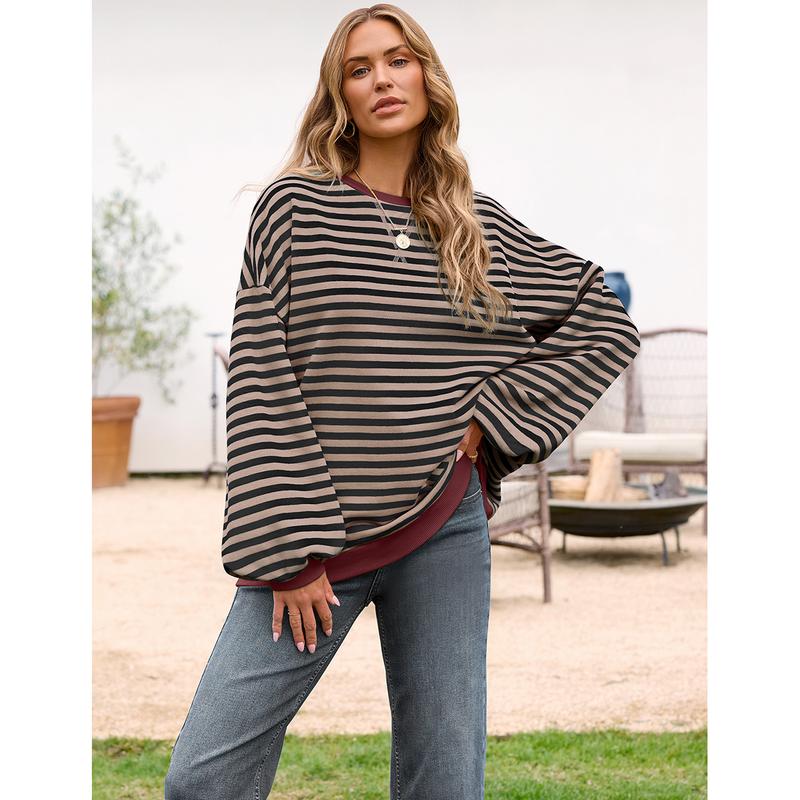 UEU Christmas Women Oversized Striped Crewneck Sweatshirt  Casual Loose Workout Shirt Y2K Clothes Cotton Crewneck Hoodie Baggy  Tops Long Sleeve Piece