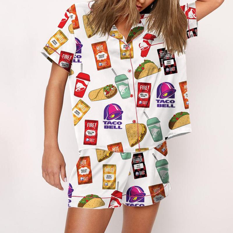 Taco Bell White Pajama Set for Women – Comfy Sleepwear & Loungewear, Holiday and Fall PJs