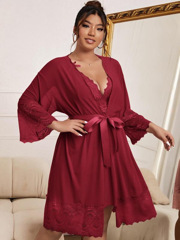 Lingerie Set for Plus Size Women Valentine's Day Gift Nightgown Lace Dress with Belted Robe 2 Piece sleep dress Womenswear