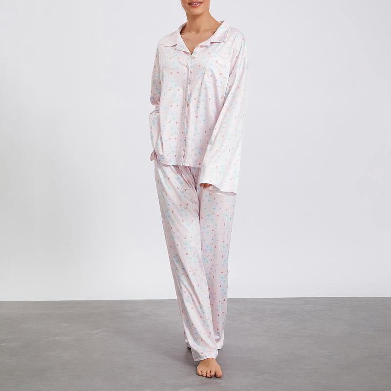 Women Pajamas Lounge Set Strawberry Print Turn-Down Collar Long Sleeve Shirts Tops and Pants Loungewear Outfits, Womenswear Check Light Polyester