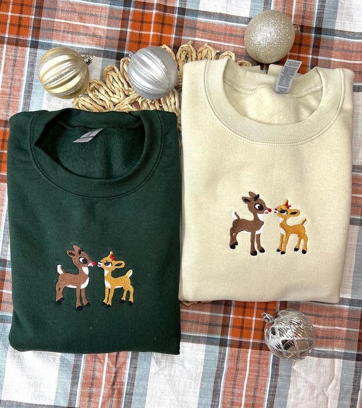 Christmas Embroidered Sweatshirt, Christmas Rudolph And Clarice Embroidered Matching Couple Shirt, Christmas Embroidered Gift For Her Him