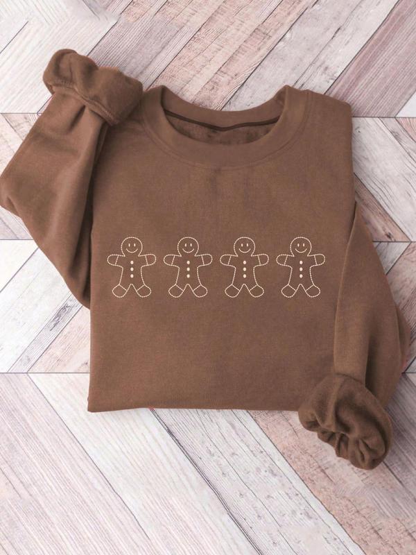 Women's Gingerbread Man Print Crew Neck Pullover, Casual Long Sleeve Sweatshirt for Daily Wear, Ladies Clothes for Winter