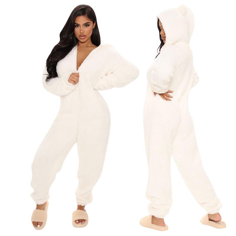 Plush Women's One Piece Nightgown Long Sleeve Jumpsuit Sweater Pullover Warm Home Wear Ladies Hoodie Adult Front Plush Totally and Onesies for New Fashion Pajamas Casual Plush Homewear Pajamas Hooded Jumpsuit