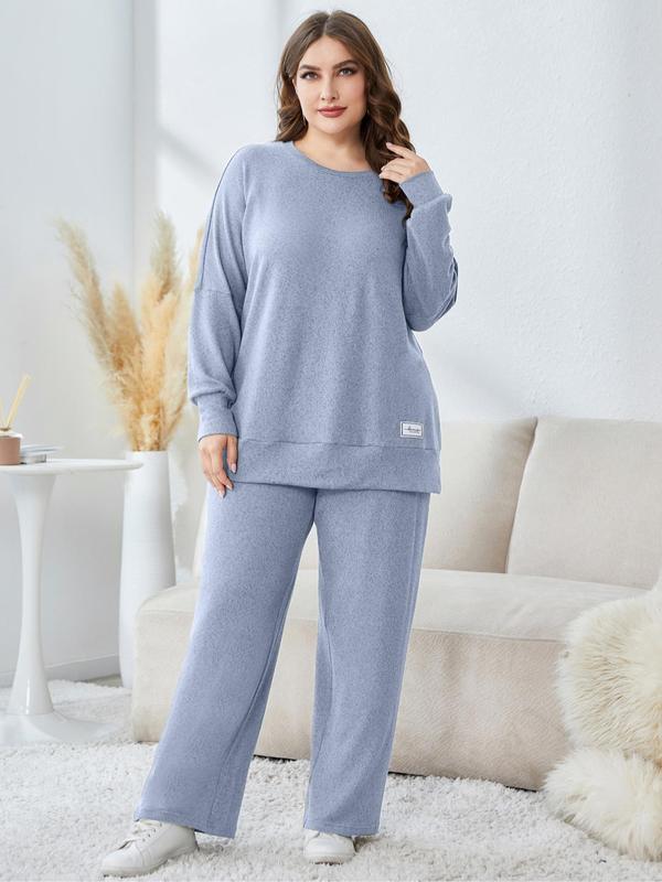  Solid Patched Crewneck Sweatshirt & Wide Leg Pants Suits Set, Casual Comfort Round Neck Top & Straight Leg Trousers for Lady Fall & Winter, Plus Size Clothes for Women, 2 Piece Sets Women, Fall Clothing Women