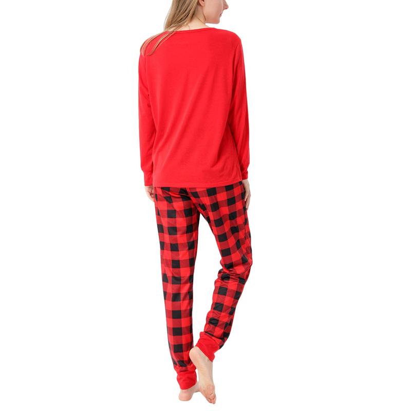 Red Christmas Parent-child Nightwear Set, Red Plaid and Letters Printed Pattern Long Sleeve Tops and Pants