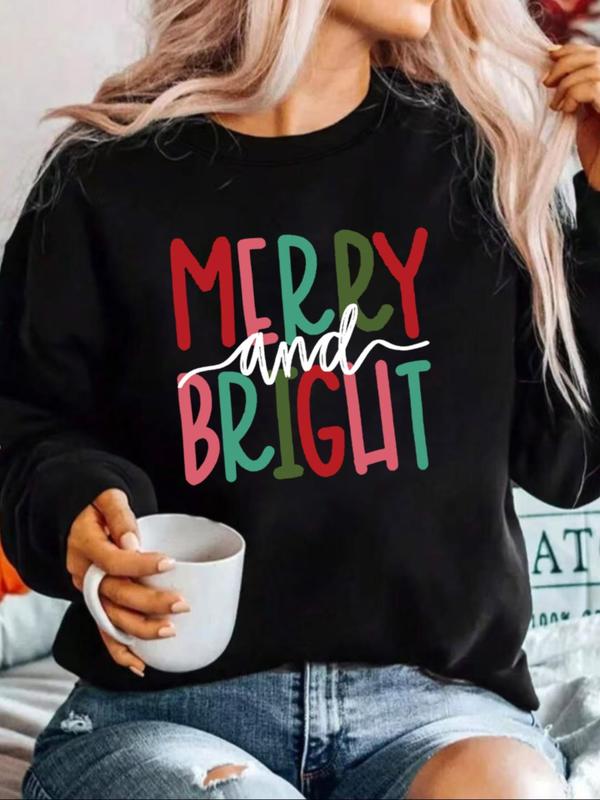  Merry Letter Print Round Neck Sweatshirt, Casual Long Sleeve Crew Neck Pullover for Fall & Winter, Women's Clothing for Daily Wear