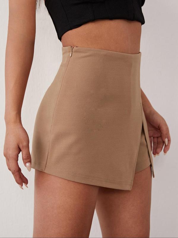 Women's Plain 2-IN-1 Split Thigh Zipper High Waist Skorts, Casual Chic Solid Color Shorts for Daily Wear, Ladies Bottoms for Summer for Birthday Gifts