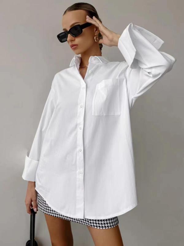 Women's Plain Pocket Button Front Shirt, Casual Drop Shoulder Long Sleeve Shirt Collar Top for Daily Outdoor Wear, Ladies Clothes for All Seasons