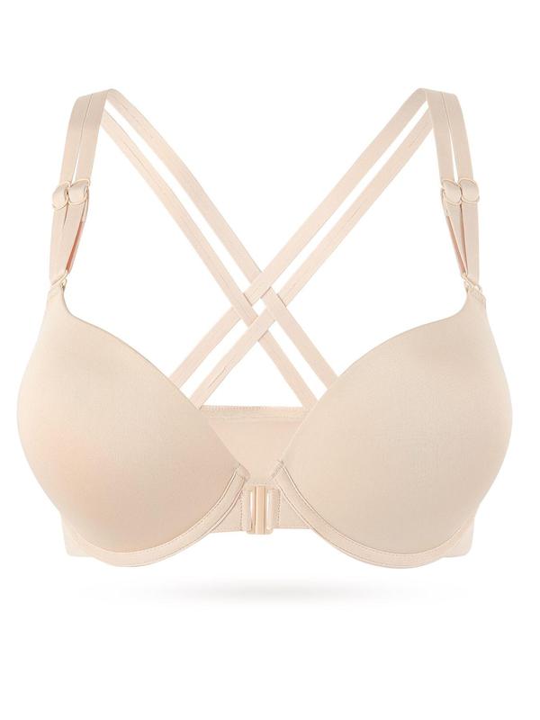 Women's Criss Cross Adjustable Strap Push Up Bra for Spring, Comfortable Breathable Solid Color Double Strap Underwire Lingerie Top for All Seasons, Women's Lingerie for Daily Wear