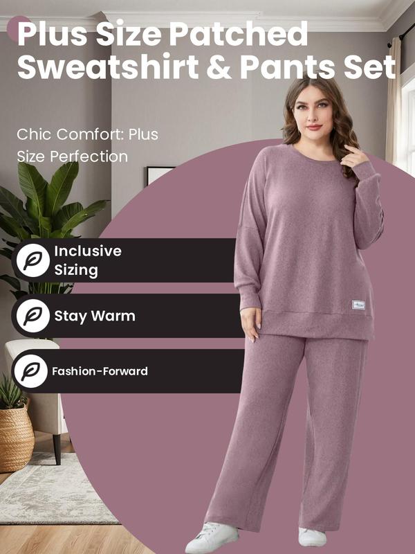  Solid Patched Crewneck Sweatshirt & Wide Leg Pants Suits Set, Casual Comfort Round Neck Top & Straight Leg Trousers for Lady Fall & Winter, Plus Size Clothes for Women, 2 Piece Sets Women, Fall Clothing Women