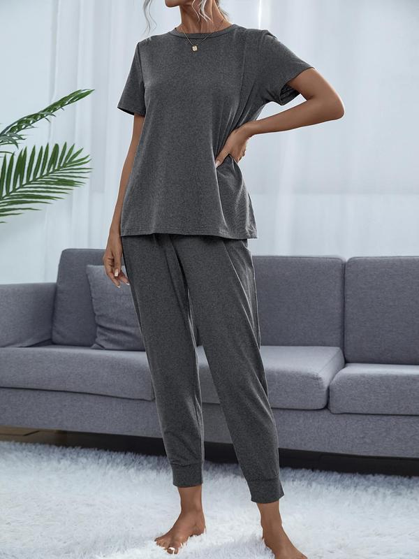 Women's  Casual Comfortable 2 Piece Wear, Solid Round Neck Short Sleeve T-shirt & Cropped Pocket Drawstring Pants Loungewear Set, Summer Wear, Lounge Set, Summer Clothes, Women Pajama Nightwear, Lady's Pj Set