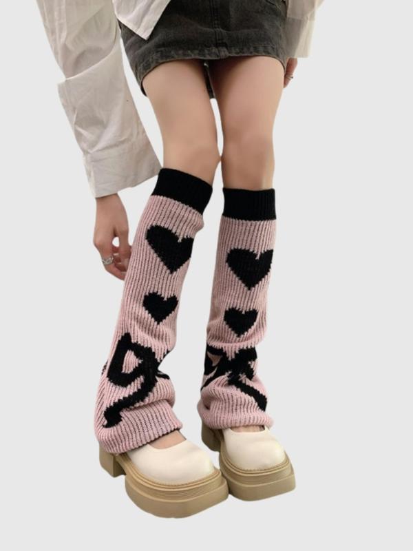 Women's Heart & Bowknot Pattern Reversible Leg Warmers, Casual Cozy Warm Socks for Fall & Winter, Women's Socks for Daily Wear