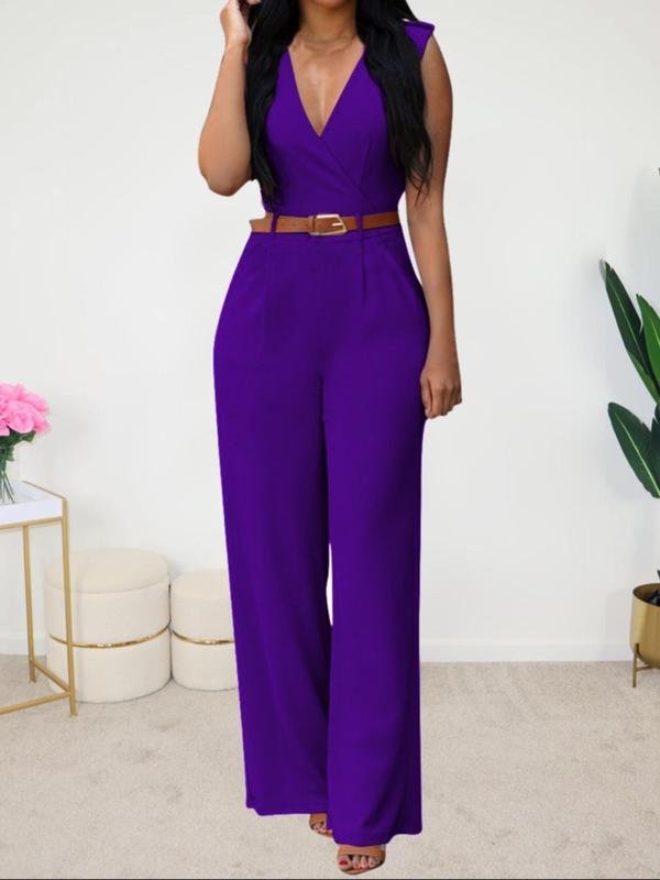 Women's Solid Belted Pocket Wide Leg Jumpsuit, Elegant Deep V Neck Sleeveless Jumpsuit for Work Office Business, Ladies Summer Clothes