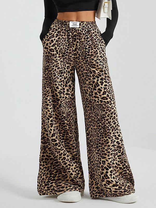 Women's Leopard Print Patched Elastic Waist Wide Leg Pants, Casual Comfy Trousers for Daily Wear, Ladies Bottoms for Fall & Winter