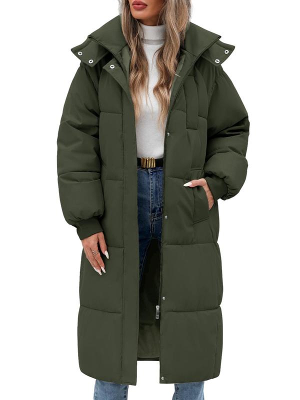 Women's Solid Button Front Zipper  Hooded Longline Quilted Jacket, Casual Long Sleeve Pocket Design Outerwear for Fall & Winter, Women's Clothing for Daily Wear