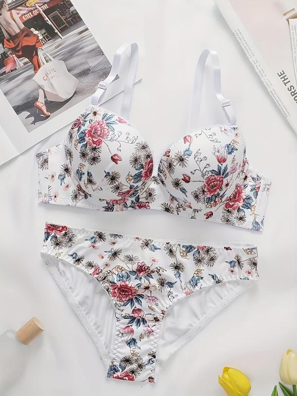 Two-Piece Set Women's Floral Print Adjustable Strap Push Up Bra & Scallop Trim Panty Set, Comfy Soft Lingerie Top & Knicker Two-Piece Lingerie Set, Women's Lingerie & Underwear