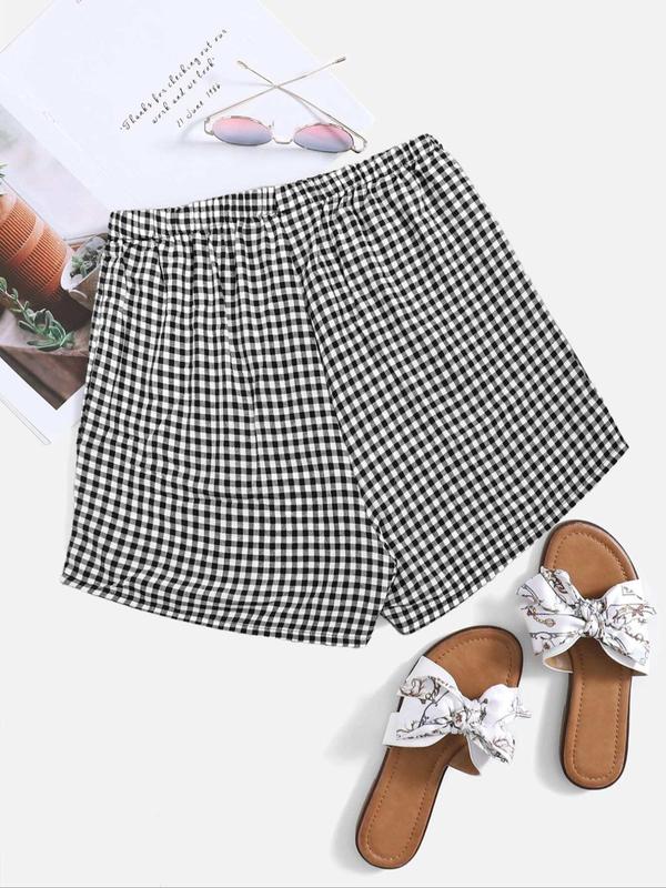 Women's Plaid Print Fake Buttons Shorts, Casual Comfy Patched Wide Leg Shorts for Daily Wear, Shorts for Women, Ladies Bottoms for All Seasons