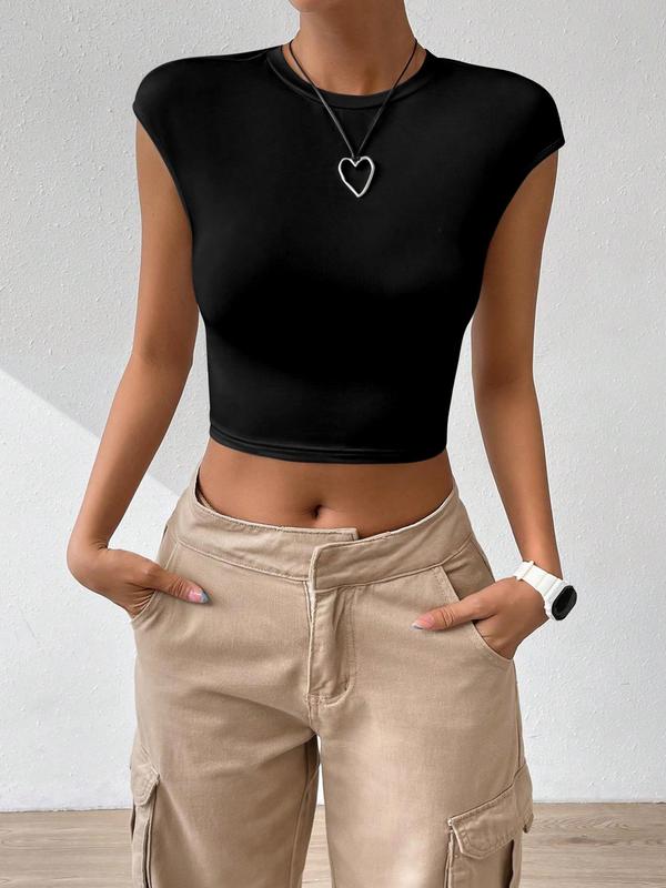 Women's Solid Twist Cut Out Backless Crop Tee without Necklace, Summer Outfits 2024, Casual Comfort Cap Sleeve Round Neck Cropped T-shirt for Summer, Basic Minimalist Womenswear, T Shirts for Women