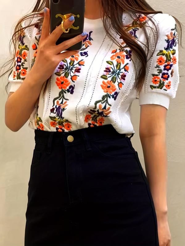 Women's Floral Embroidery Puff Sleeve Knit Top, Girly Clothing, Casual Hollow Out Short Sleeve Knitwear for Summer,  Tank Tops, Summer Clothes, Fashion Women's Knit Clothing for Daily Wear