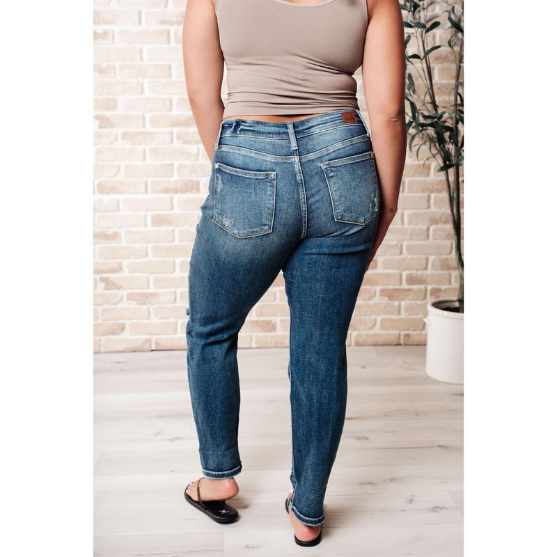 Judy Blue Mid Rise Cuffed Destroyed Boyfriend Jeans 82427 Stretchy Denim (Reg & Curvy) can be uncuffed - Please Size down 1 from street size - run generously