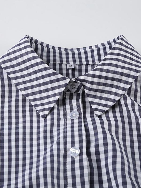 Women's Gingham Print Curved Hem Crop Shirt, Casual Short Sleeve Collared Top for Summer, Women's Clothing for Daily Wear