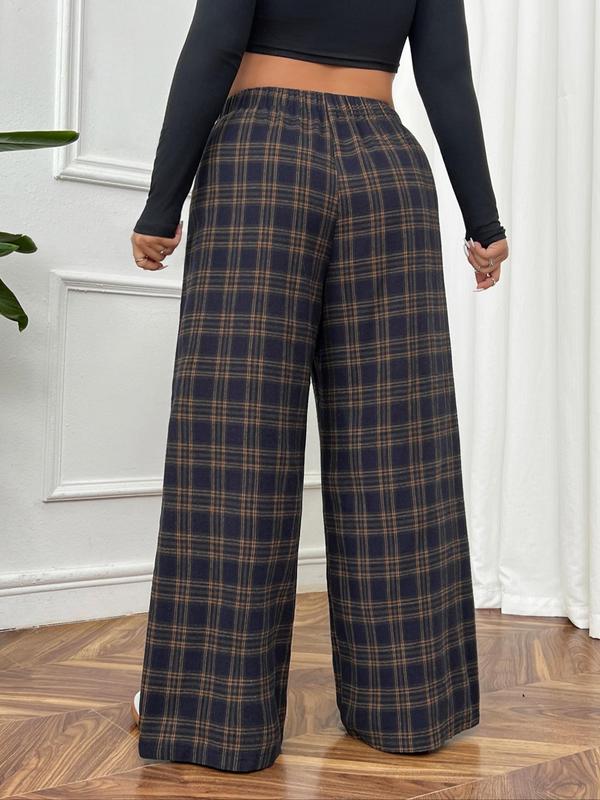  Plaid Print Wide Leg Trousers, Casual Comfy Trousers for Women, Women's Bottoms for Fall & Winter