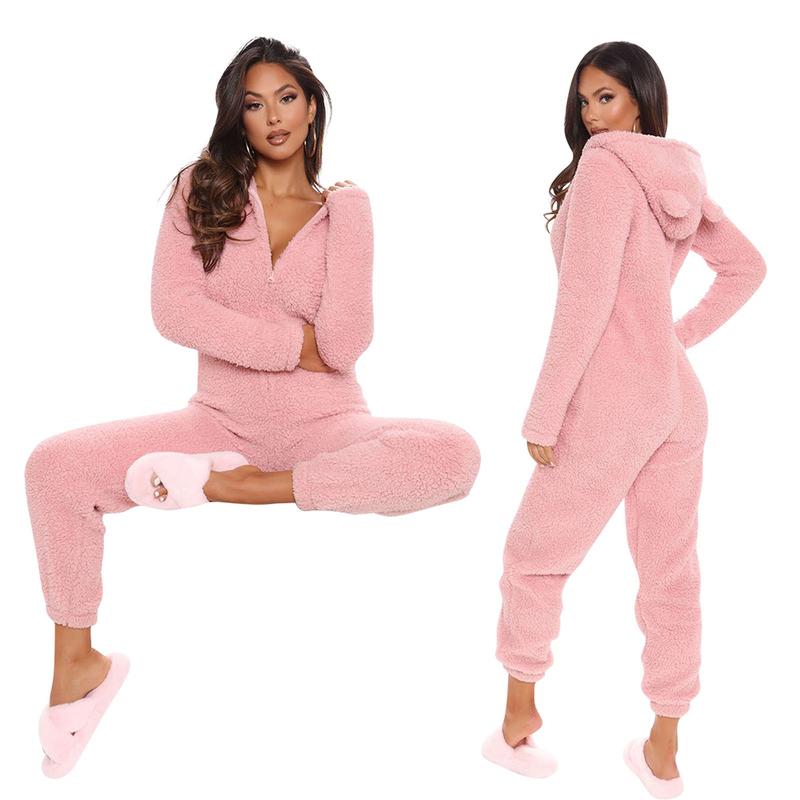 Plush Women's One Piece Nightgown Long Sleeve Jumpsuit Sweater Pullover Warm Home Wear Ladies Hoodie Adult Front Plush Totally and Onesies for New Fashion Pajamas Casual Plush Homewear Pajamas Hooded Jumpsuit