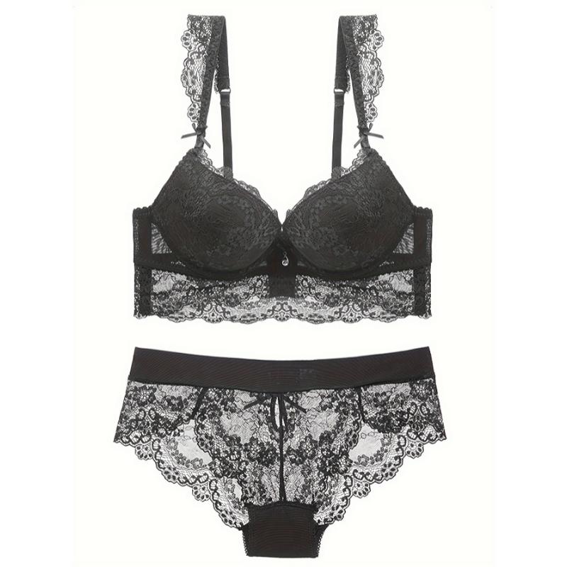 Full Coverage Scallop Trim Elegant Solid Floral Lace Bra & Panty Lingerie Set, Women's Lingerie & Underwear Push Up