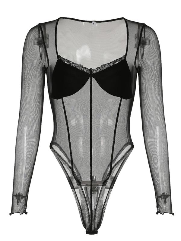 Women's Contrast Lace Sheer Button Closure Crotch Bodysuit, Sexy Solid Color Sweetheart Neck Long Sleeve Bodysuit for Summer, Women's Clothes for Daily Wear