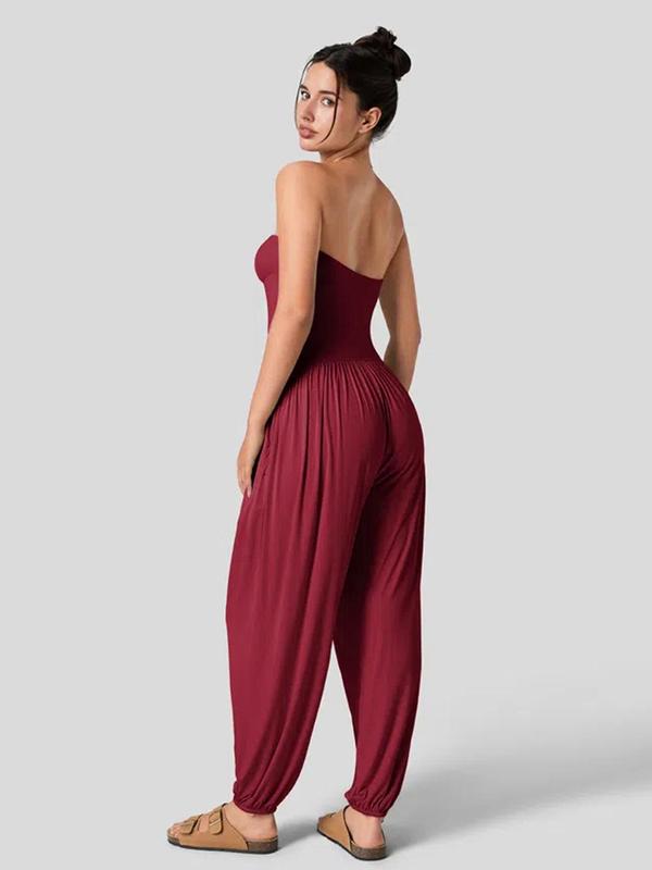 Women's Solid Backless Pocket Tube Jumpsuit, Casual Basic Minimalist Strapless Jumpsuit for Summer, Ladies Clothes for Daily Wear