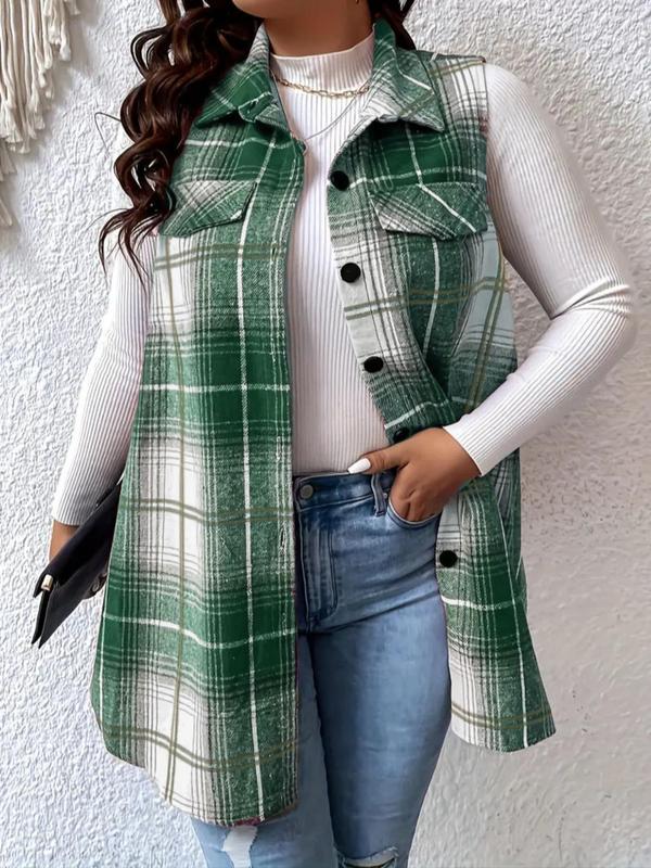  Plaid Print Button Front Waistcoat, Casual Sleeveless Collared Outerwear for Spring & Fall, Women's Plus Size Clothes for Daily Wear, Womenswear