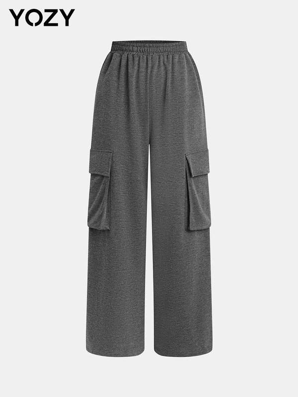 YOZY [3 colors] Plain Pocket Elastic Waist Wide Leg Pants, Casual High Waist Trousers, 2024 Women's All Season Outfits for Daily Wear