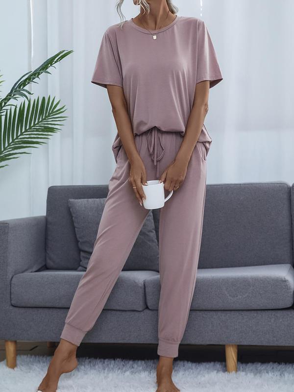 Women's  Casual Comfortable 2 Piece Wear, Solid Round Neck Short Sleeve T-shirt & Cropped Pocket Drawstring Pants Loungewear Set, Summer Wear, Lounge Set, Summer Clothes, Women Pajama Nightwear, Lady's Pj Set