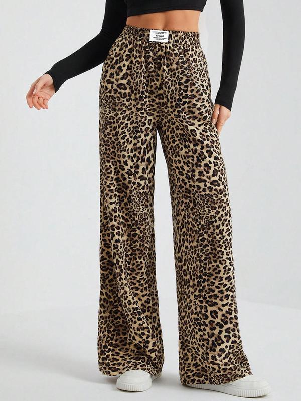 Women's Leopard Print Patched Elastic Waist Wide Leg Pants, Casual Comfy Trousers for Daily Wear, Ladies Bottoms for Fall & Winter