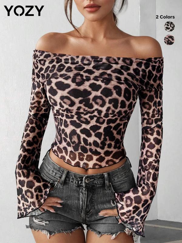 YOZY Black Friday Deals Women's Leopard Print Off Shoulder Flounce Sleeve Ribbed Tee, Casual Top, Long Sleeve T-shirt for Daily Wear, Ladies Clothes for All Seasons, Christmas 2024 Trend, Thanksgiving Clothes, Fall Clothes, Winter Clothes