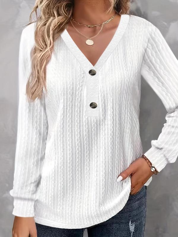  Solid Textured Button Front V Neck Tee, Casual Long Sleeve T-shirt for Fall & Winter, T Shirts for Women, Women's Clothing for Daily Wear, Fall Outfits, Fallfreshness