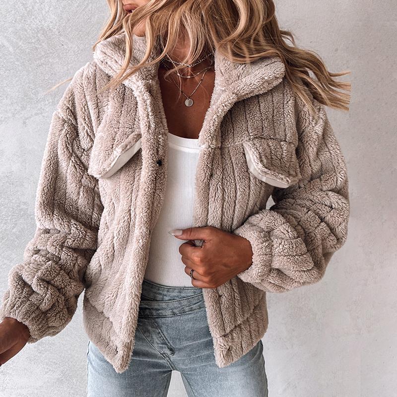 ChicMe Women's Turn-down Collar Button Down Teddy Jacket Long Sleeve Flap Detail Thermal Winter Coat Casual Womenswear