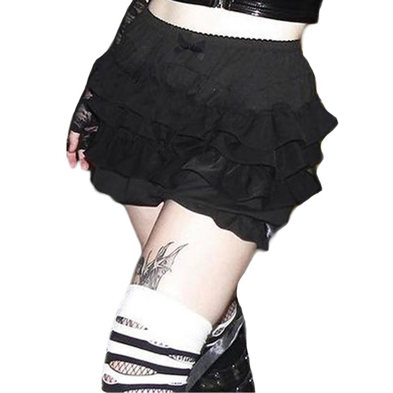 Women Black Bloomer Shorts, Summer Solid Casual Elastic Waist Layered Shorts Streetwear for Daily Light Womenswear