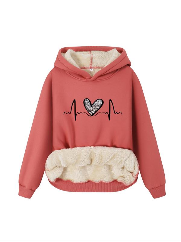 Women's Heart Print Plush Lined Hoodie, Casual Long Sleeve Hooded Sweatshirt for Fall & Winter, Ladies  Clothes for Daily Wear