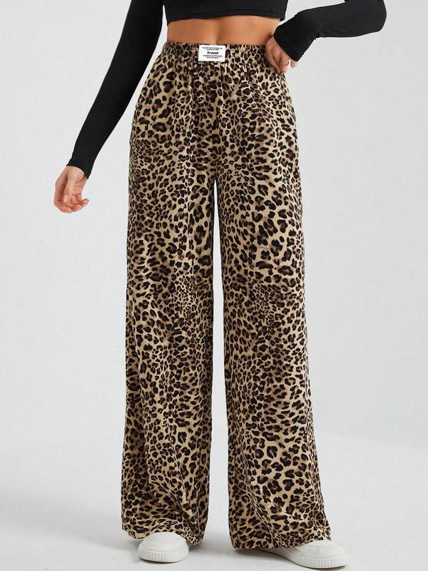 Women's Leopard Print Patched Elastic Waist Wide Leg Pants, Casual Comfy Trousers for Daily Wear, Ladies Bottoms for Fall & Winter