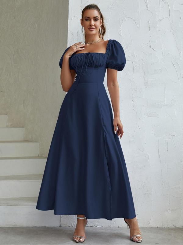 Women's Off The Shoulder Ruched Tie Front Split Thigh Back To School Dress, Elegant Puff Sleeve A Line Long Dress for Party Holiday Dating Wear, Women's Clothing, Chic Milkmaid Dress, Summer Outfits, Ladies Summer Clothes,  Fall Wedding Guest Dress