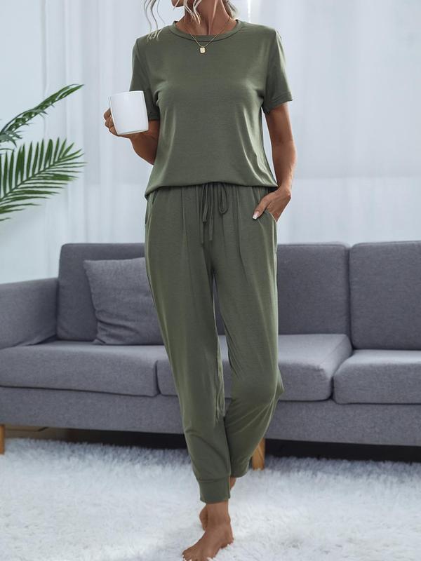 Women's  Casual Comfortable 2 Piece Wear, Solid Round Neck Short Sleeve T-shirt & Cropped Pocket Drawstring Pants Loungewear Set, Summer Wear, Lounge Set, Summer Clothes, Women Pajama Nightwear, Lady's Pj Set