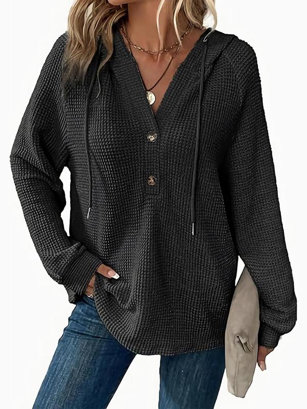 Women's Plain Drawstring Button Raglan Sleeve Hooded Sweater, Casual Long Sleeve Hooded Jumper for Fall & Winter, Fashion Ladies' Knitwear for Daily Wear